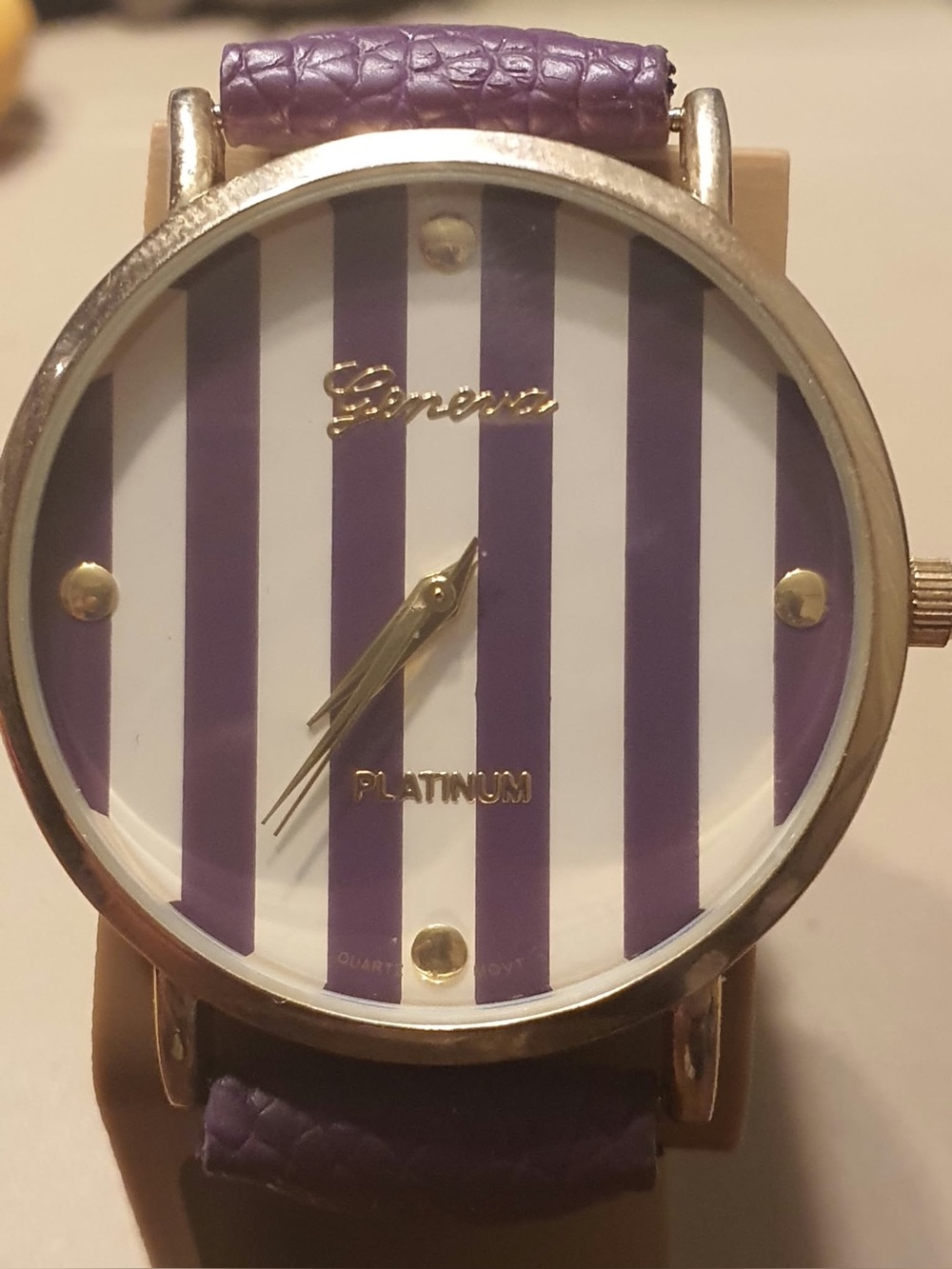 🦋10/$20🦋 Geneva Platinum #9732 Goldtone/Purple Stripe Leather Women's Watch